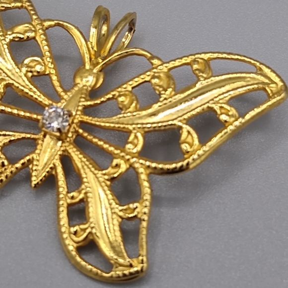 Butterfly Necklace Pendant Vtg Filigree Rhinestone - Picture 3 of 10